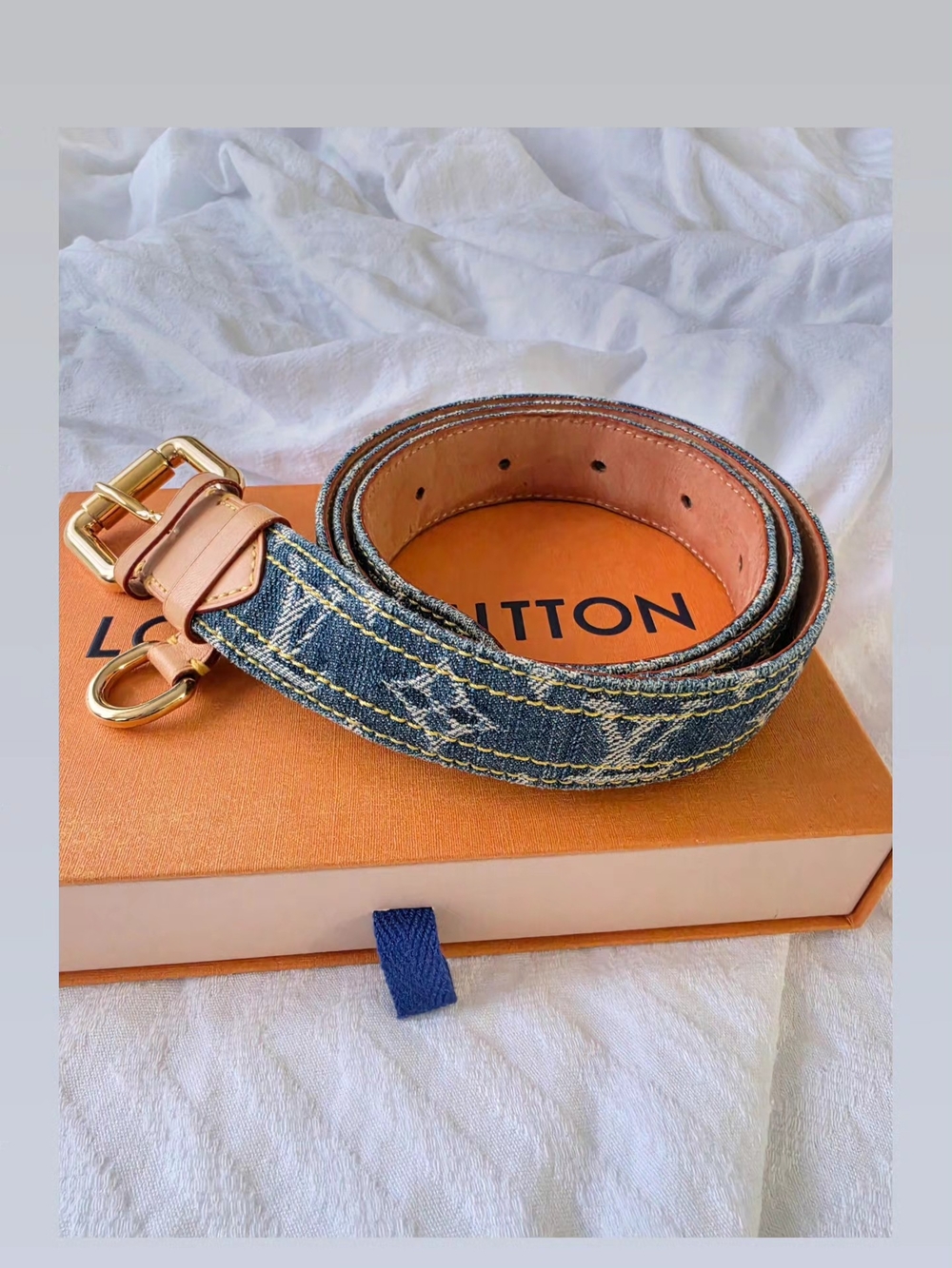 Louis Vuitton Denim Monogram Leather-Trim Belt in Blue 100 Cm